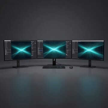 three computer monitors arranged row dark grey background monitors facing same direction placed side side monitor has unique design screen blue green abstract pattern center pattern appears lines
