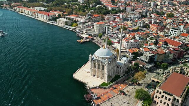 Turkey, Istanbul 01 10 2025: Drone footage moving backwards revealing Buyuk Mecidiye Mosque, Ortakoy Square, Cahit Kocaomer Cultural Center and Kabatas Boys High School.