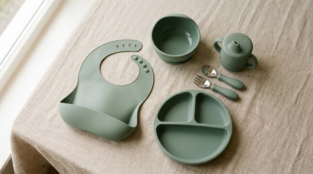 Sage green silicone baby feeding set with divided plate, bowl, sippy cup, bib, and toddler utensils arranged flat lay on beige linen