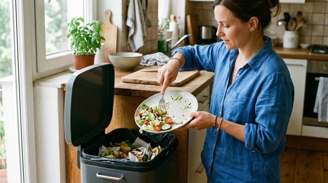 Woman scraping leftover salad from plate into open kitchen trash bin, natural daylight, sustainable home food waste composting, eco-friendly household cleanup, modern domestic lifestyle, casual denim