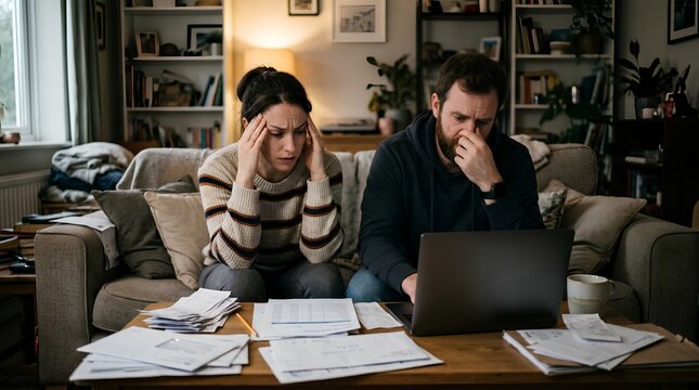 Stressed couple sitting on living room sofa reviewing piles of paper bills and documents with open laptop on coffee table depicting financial concern
