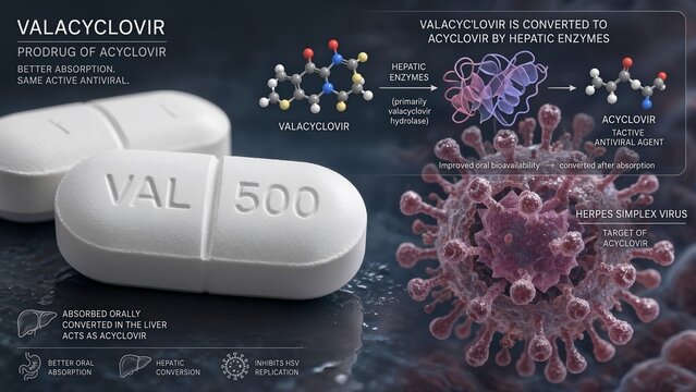 Pharmaceutical valacyclovir pills accompanied by a biological inset illustrating hepatic conversion to acyclovir alongside a herpes simplex virus particle