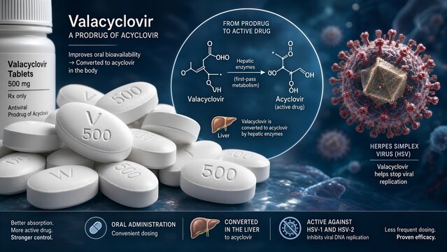 Antiviral valacyclovir tablets with a scientific inset showing hepatic enzymes converting the drug into acyclovir, with a herpes simplex virus in the background