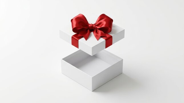 Open white gift box with a red satin ribbon bow floating above the base, isolated on a clean white background for holiday presents and surprise concepts