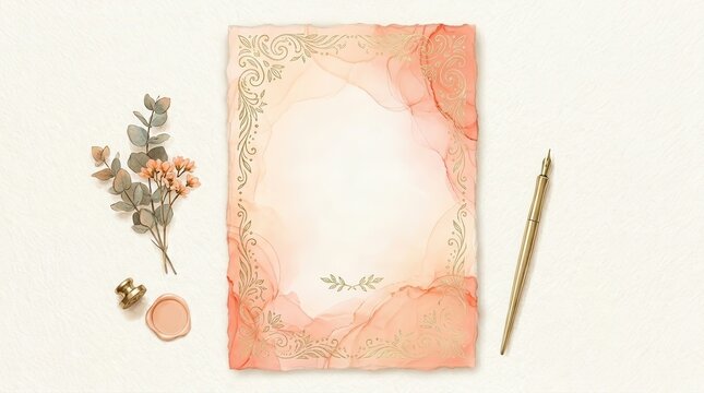 Elegant Wedding Stationery. Blank paper card with gold foil floral frame and ink wash background, wedding invitation template for guest list or menu.