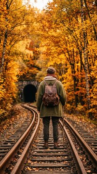 Solo traveler standing on railway tracks facing a dark tunnel surrounded by vibrant autumn trees, concept of adventure travel and exploring remote wilderness landscapes