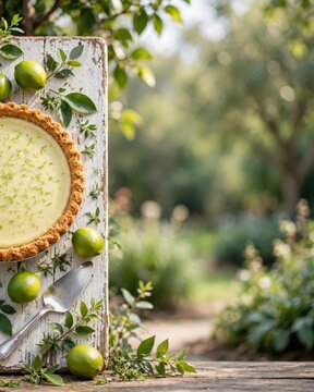 Key lime tart with fresh citrus on a rustic wooden board, autumn equinox garden setting, refreshing dessert presentation for seasonal outdoor dining events