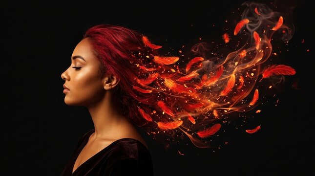 Profile of a young woman with vibrant red hair transforming into flowing feathers and glowing embers, fantasy portrait representing metamorphosis and elemental power