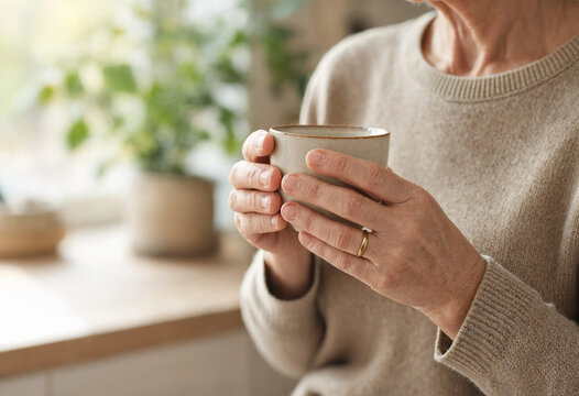 Elderly Woman Holding A Cozy Cup Of Tea In Her Hands While Enjoying A Quiet Moment