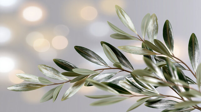 Close-up of textured olive branch with soft bokeh background