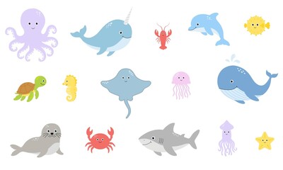 Cute sea animals set. Funny ocean creatures in cartoon flat style with smiling faces. Pastel marine life collection for kids: whale, octopus, shark, seal, turtle, jellyfish, dolphin, crab.  © Didika