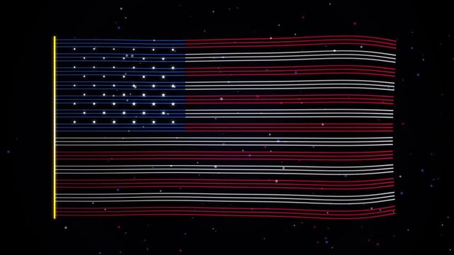 Digital wireframe representation of the american flag formed by glowing lines and stars