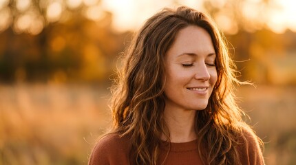 Obraz premium Close-up portrait of a serene woman with long loose wavy hair bathed in warm golden hour sunset light, smiling softly with closed eyes in an autumn field, tranquil peaceful natural outdoor beauty