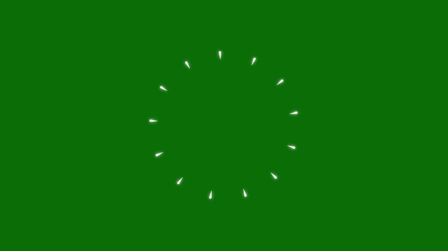Celebration firework circle burst cartoon animation with white line, flat, vector minimalist, animated geometric burst loading icon element with radial lines bursting on green screen background. 4k