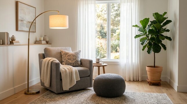 Cozy modern living room interior with soft grey armchair, warm glowing arched floor lamp, knitted throw blanket, round grey pouf ottoman, potted fiddle leaf fig plant, sheer curtains, framed wall