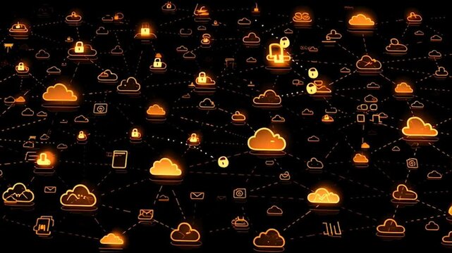 abstract cloud social media innovative cyber security network, using interconnected nodes to represent business partnerships on the Smart digital Innovation city with connection network reciprocity