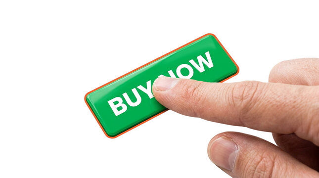 Finger pressing a green buy now button with indicating action purchase on transparent background