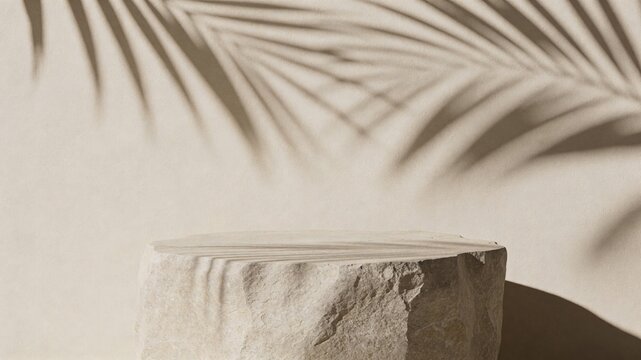 Minimalist Stone Podium with Natural Palm Leaf Shadows on Textured Beige Wall Background