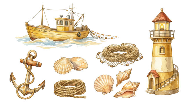 Watercolor nautical collection with fishing boat, lighthouse, anchor, and shells isolated on transparent background