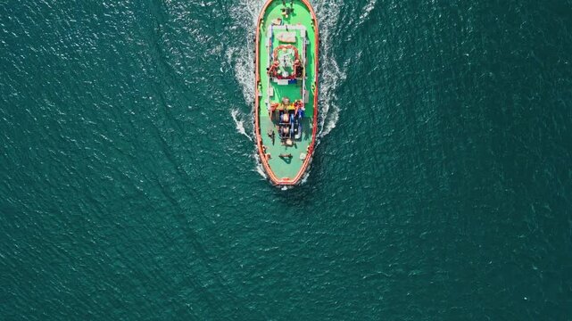Turkey, Istanbul 01 10 2025: Top down 4K drone video of a fishing boat sailing vertically through the center of frame on the blue Bosphorus sea.