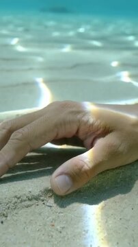 Vertical video: Resting adult hand twitching from ripples and sunlight in shallow turquoise water
