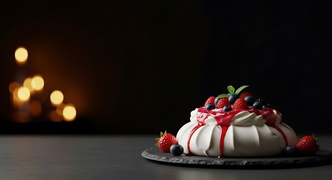 A delicious new zealand pavlova dessert topped with fresh strawberries blueberries and red berry coulis