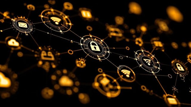 abstract cloud social media innovative cyber security network, using interconnected nodes to represent business partnerships on the Smart digital Innovation city with connection network reciprocity