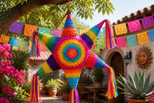 Star pinata hanging from tree in colorful courtyard