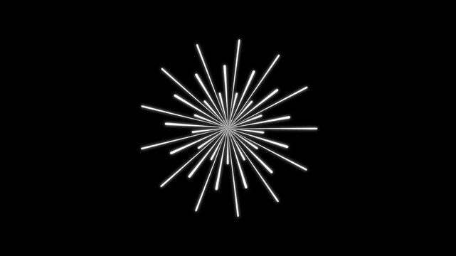 Abstract modern radial line explosion animation loop bright fireworks burst overlay element on solid black background. circle bursting firework motion graphics template, Line shape blast. 4k