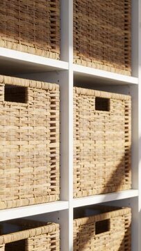 Vertical video: Moving sun casting curved shade across white cubby at home, on wicker baskets