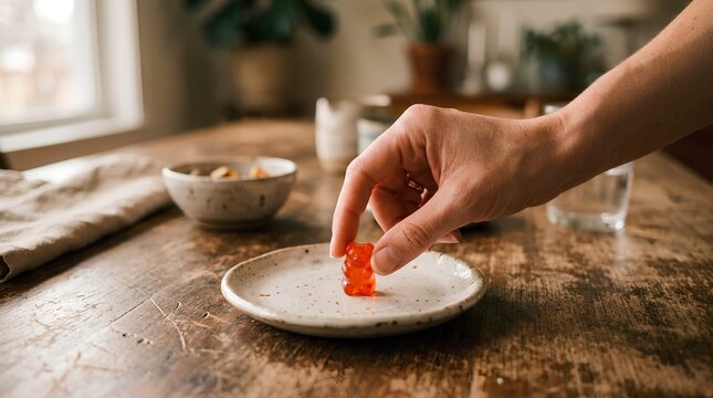 Hand reaching toward a small ceramic plate on a rustic wooden table to pick up a translucent orange gummy bear candy, cozy warm sunlight kitchen interior background, selective focus close-up snack