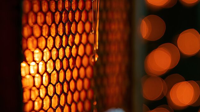 Close-up of hexagonal pattern with warm glow, bokeh lights in background