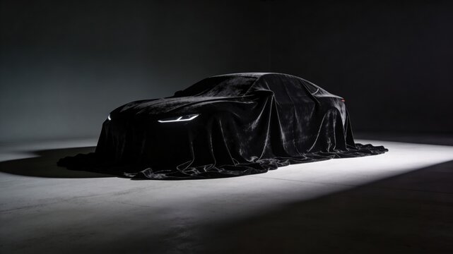 New luxury car covered in black velvet cloth with glowing headlights, teasing a reveal