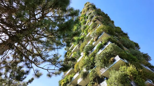 Buildings in Milan on a sunny summer day. Low-angle view of famous residential buildings in the city center, 4K, Italy.