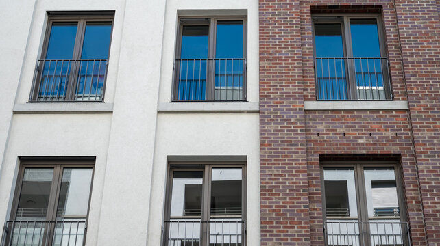 Modern white building facade with repeating windows. Minimalist urban architecture background. Perspective view of contemporary corporate or residential exterior, selective focus, shifted horizon, bac
