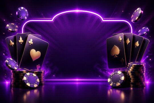 Playing cards and poker chips displayed on neon stage