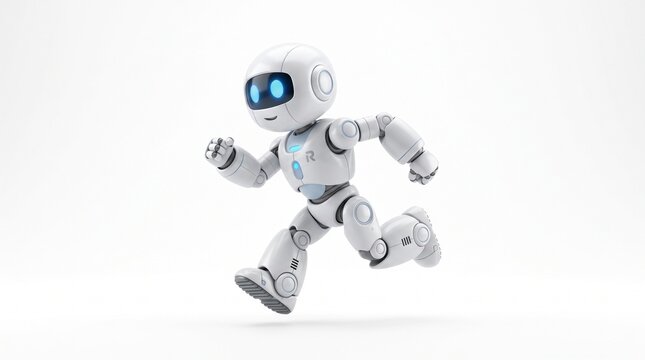A cute small white robot character running fast on a white background representing artificial intelligence technology and future innovation in a modern digital world concept