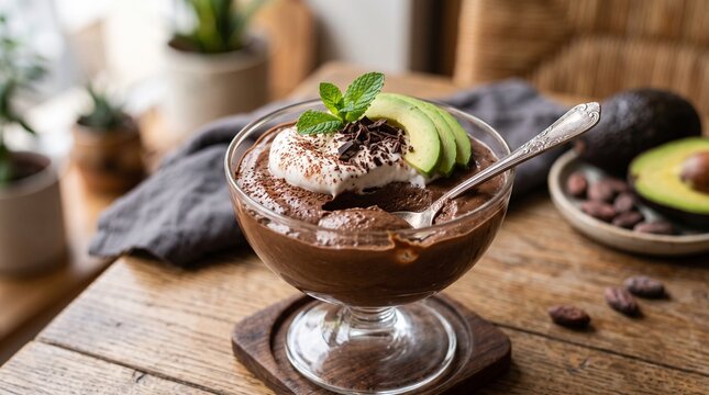 A delicious homemade chocolate avocado mousse served in a glass bowl topped with fresh mint leaves and sliced avocado on a rustic wooden table background