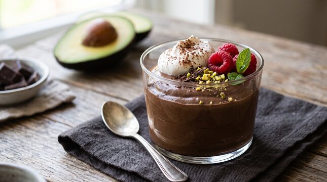 A glass bowl filled with healthy chocolate avocado mousse topped with fresh raspberries and nuts served on a rustic wooden table with a silver spoon