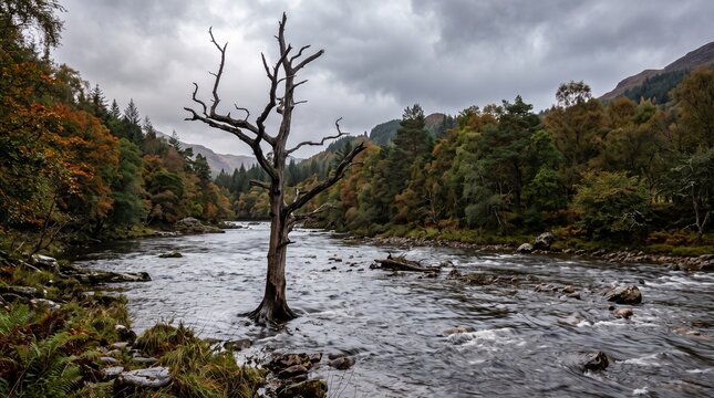 A solitary leafless dead tree standing in the middle of a flowing river surrounded by a lush green forest under a moody overcast cloudy sky
