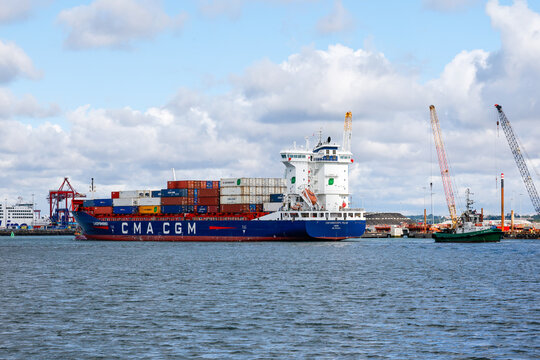 CMA CGM container ship "Polar" in Dublin port transporting shipping container freight. LNG powered vessel. Ireland, Europe