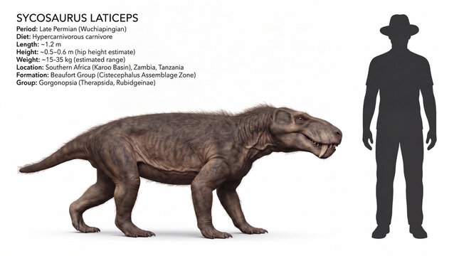 Sycosaurus laticeps size comparison plate showing the reconstructed animal alongside a human figure, with scientific information highlighting its estimated dimensions.
