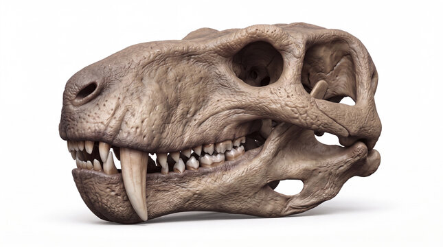 Sycosaurus laticeps skull close-up, highlighting the robust skull, jaws, teeth, and distinctive cranial anatomy of this Triassic therapsid.

