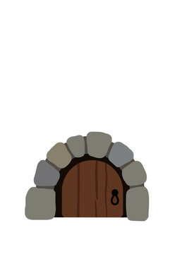 Hand-traced vector icon illustration of a rustic wooden cellar door set into a rounded arch of gray and beige stone blocks, with a dark metal ring handle
