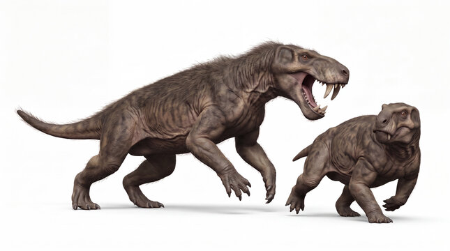 Sycosaurus laticeps attacking prey, depicting an active predatory encounter between the prehistoric therapsid and its prey in a realistic paleontological reconstruction.
