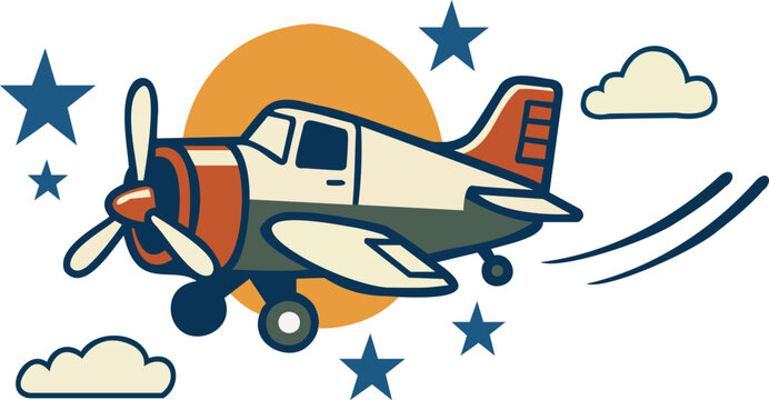 Retro Toy Propeller Plane Flying Through Stars and Clouds Vector Illustration