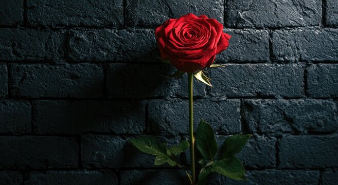 A single vibrant red rose stands tall against a dark, textured brick wall