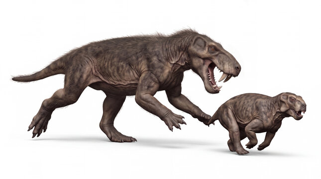 Sycosaurus laticeps hunting, portraying the prehistoric therapsid actively pursuing prey in a realistic paleontological reconstruction of predatory behavior.
