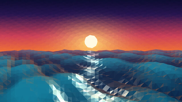 Low poly sunset landscape over calm ocean with reflection