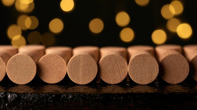 Row of smooth wooden dowels with bokeh lights in the background